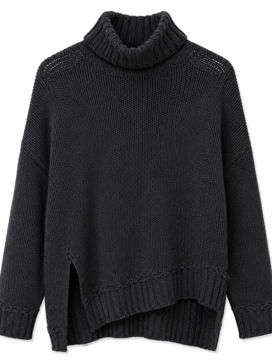 aerie Sweaters - Aerie Women’s Black Chunky Knit Turtleneck Sweater Oversized Split Hem Size L